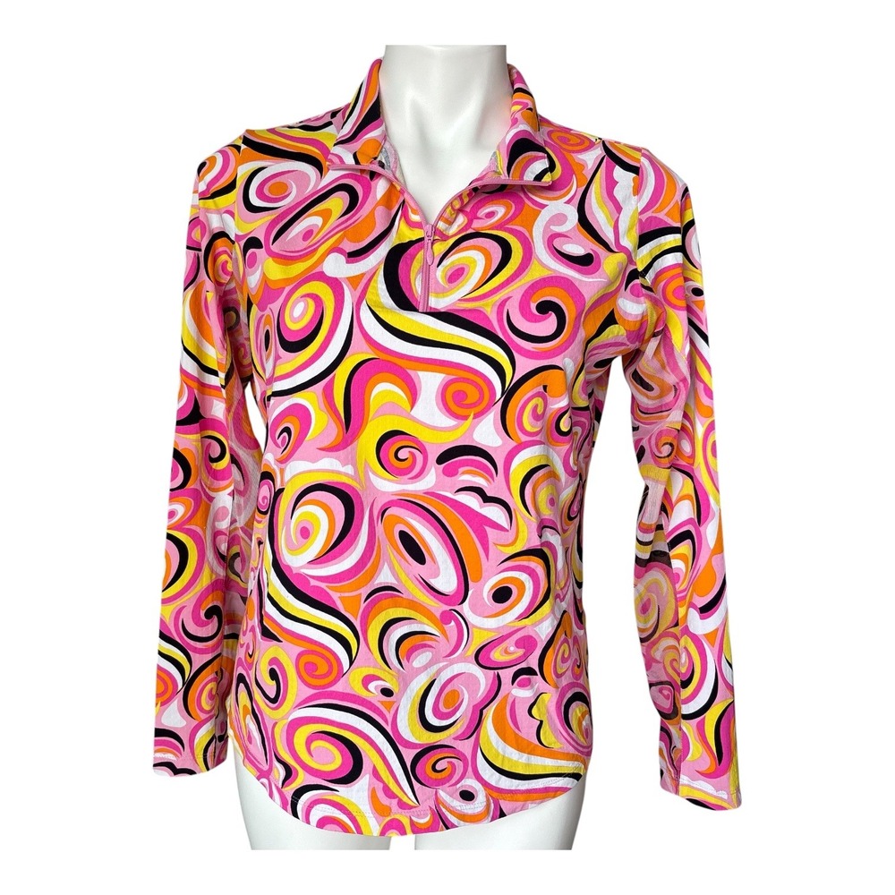 Ibkul Emma 70s Groovy Print Quarter 1/4 Zip Golf Top Long Sleeve Shirt UPF 50